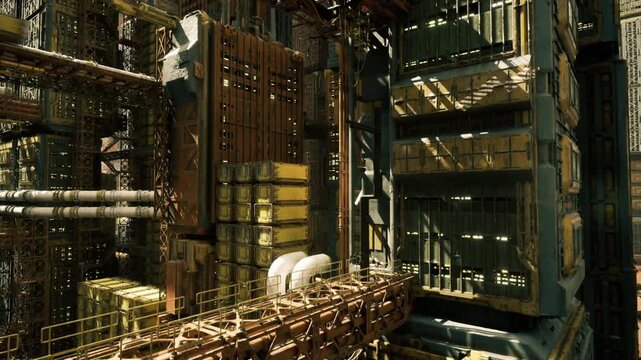 rusted metal framework and dense pipes, layered platforms and beams create rugged industrial atmosphere, inspection drone hovering near ventilation ducts,
