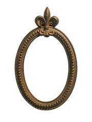 Obraz premium Antique bronze oval picture frame with Fleur-de-lis ornament and beaded border, isolated on a white background. Vintage ornate metal frame for portraits or crests.
