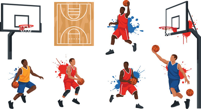 Basketball player action vector set with dribbling shooting dunking court hoop and dynamic sport illustrations isolated on white background