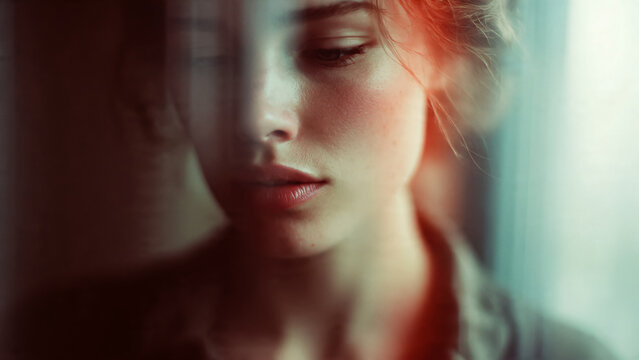 Portrait de jeune femme triste, pr&eacute;s de la fen&ecirc;tre