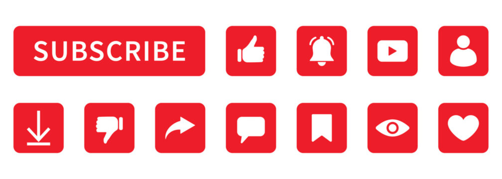 Subscribe button and social media icons set with like bell play share comment download view and user symbols modern UI interface collection for apps web marketing digital communication design