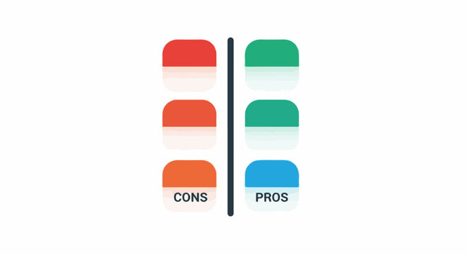 Two columns of colored shapes, representing pros and cons, divided by a line