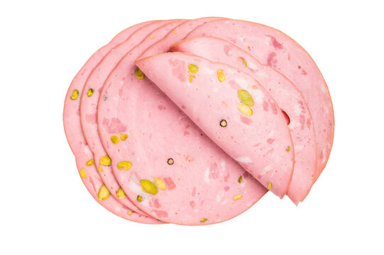 Slices Of Traditional Italian antipasti mortadella Bolognese isolated on white background. top view