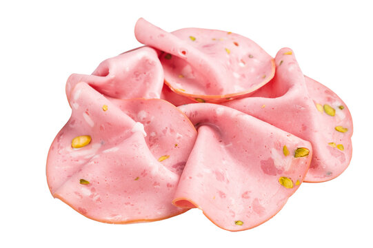 Mortadella Bolognese sausage slices with pistachios isolated on white background. top view