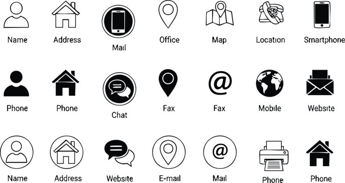 Contact information icon ark set for business cards.