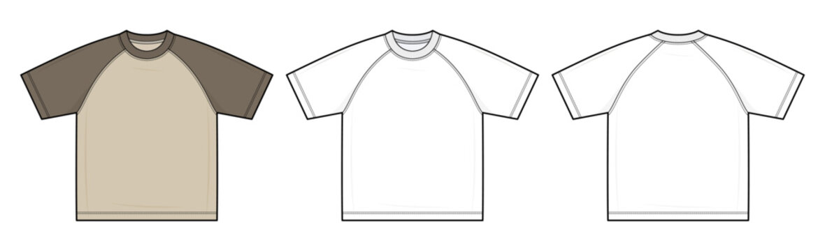 Oversized Boxy Raglan Sleeve T-Shirt Technical Fashion Illustration. Color Block Crew Neck Relaxed Fit Tee Vector Template. Front and Back View CAD Mockup