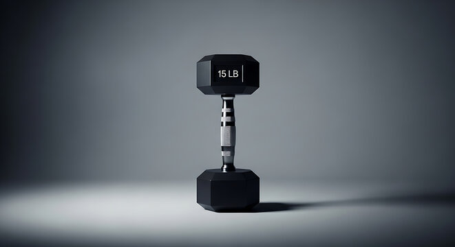 A sleek black 15-pound dumbbell stands solitary under a dramatic spotlight, representing strength, perseverance, and the journey towards peak physical fitness