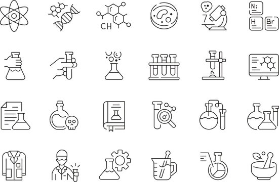 Comprehensive Chemistry and Laboratory Science Vector Line Icons Set: Exploring Atoms, Molecules, and Experiments