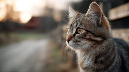 Fototapeta premium portrait of cute cat on modern farm background with copy space