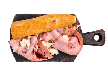 Sandwich with mortadella pistachios, mozzarella cheese in Baguette bread isolated on white background © Mironov