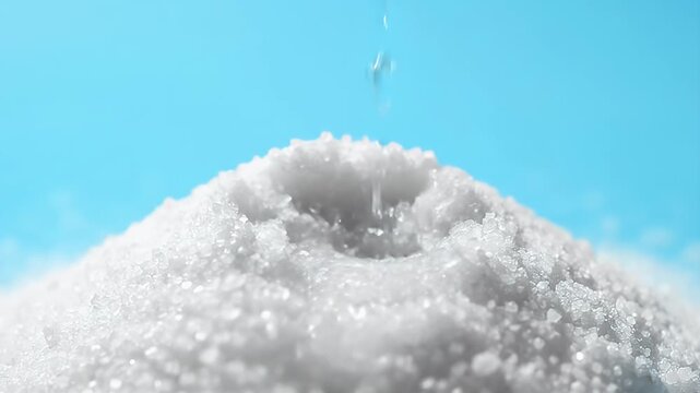 Water Dripping onto Pile of White Sugar Crystals Macro Footage for Health Diet and Food Industry Commercial Marketing