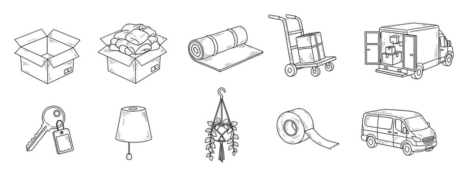 Moving objects outline collection featuring cardboard boxes, delivery vans, hand truck, and essential packing supplies, ideal for relocation guides, real estate services, or logistics