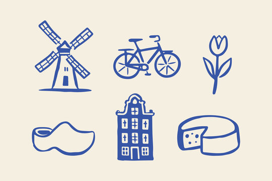 Dutch culture doodle icon set hand drawn vector illustration