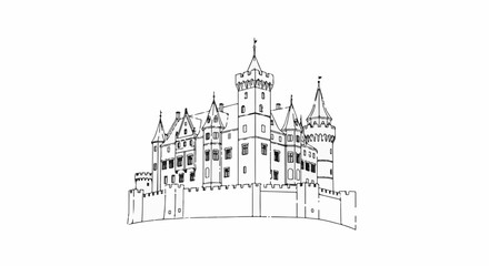 Fototapeta premium Detailed line drawing of an imposing medieval castle with multiple towers and crenellated walls