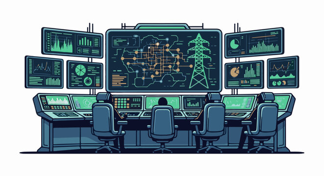 Control room monitors display complex power grid map and various data charts