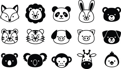 Fototapeta premium Collection of Simple Black and White Animal Faces Icons.