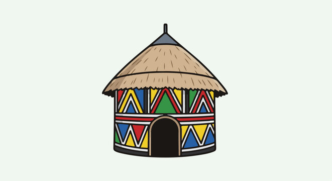 Colorful hut with thatched roof and geometric patterns