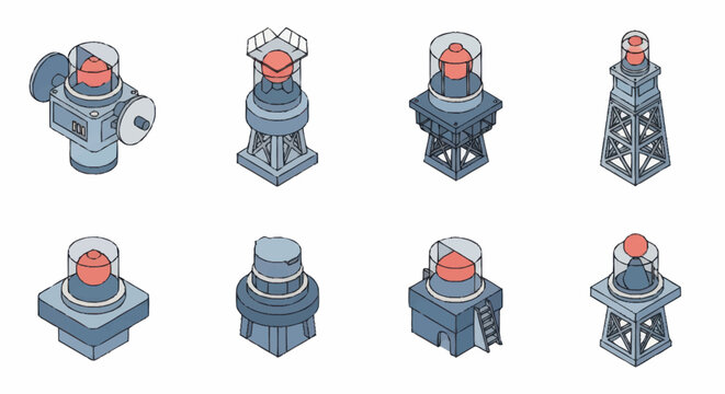 Set of Industrial Towers and Structures with Red Lights.
