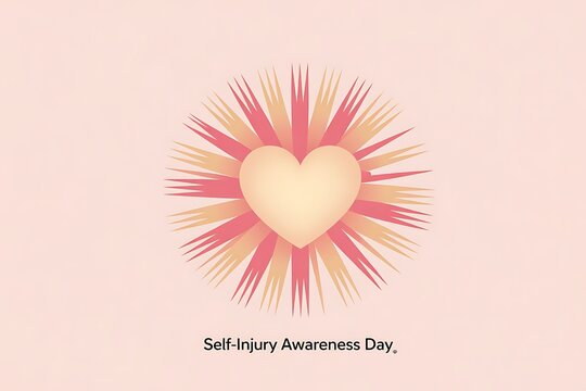 Self Injury Awareness Day, mental health awareness, heart symbol, pink and orange sunburst design, social issue