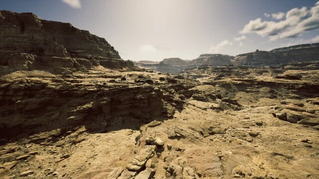 sun baked layered canyon for paleoclimate research, exposed strata and fossil clues, core sample sites across rugged outcrops, observational fieldwork mood