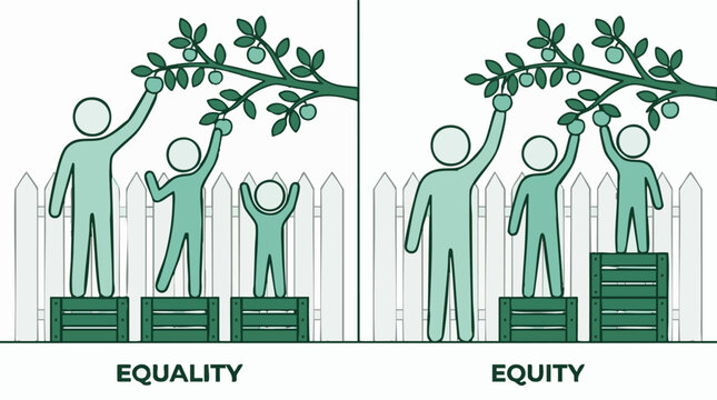 Equality vs. Equity concept with people of different heights reaching apples
