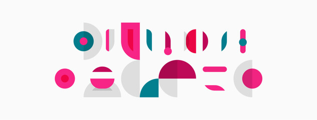 Fototapeta premium Abstract shapes, pinks, teals, grays compose minimalist design. Lines, circles, forms create playful composition. Simple geometry dominates.