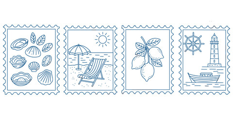 Four blue line art postage stamps with beach and sea themes Keywords: postage stamp, sea, beach, vacation, travel, summer, ocean © Rasel