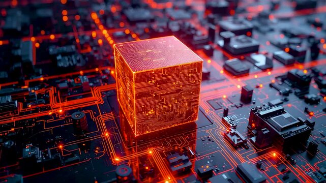 Glowing red-orange cube atop a high-tech circuit board, illustrating digital technology, data processing, and advanced computing systems
