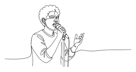 Fototapeta premium Black person with curly hair singing into a microphone during a soulful performance, expressing emotion and passion, ideal for music event promotions or creative projects
