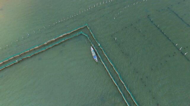 Aerial view of a boat nestled in the oyster farm's green waters, creating a serene scene of aquaculture, tt. Lang Co, Hue, Vietnam.