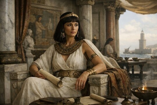 Ancient queen in luxurious setting.