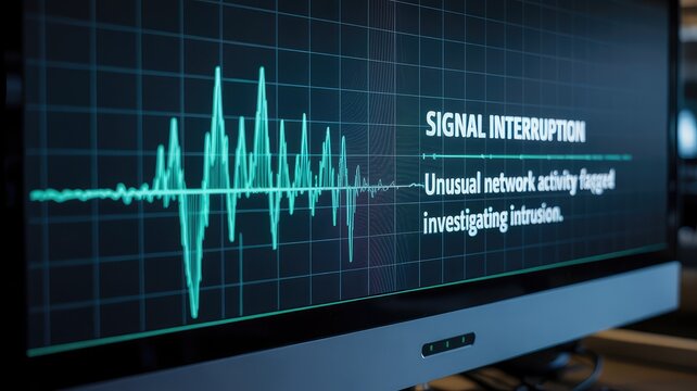 Digital screen shows network signal interruption with unusual activity and intrusion alert