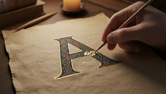 Artisan applying gold leaf to illuminated manuscript letter on vellum parchment