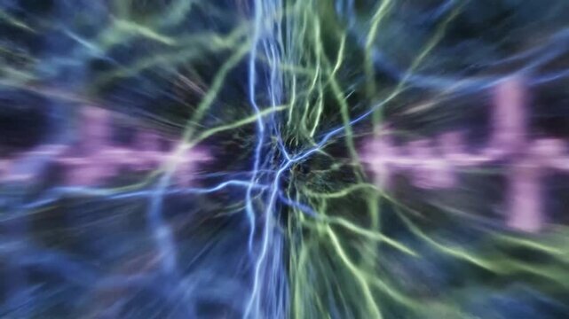 Abstract visualization of a human brain with electrical impulses and a waveform representing neural activity, set against a dark, particle-filled