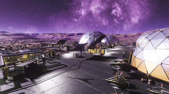 violet twilight mars settlement dome skyline busy hangars and greenhouses glowing, beacon towers casting long shadows across metal platforms, cargo modules