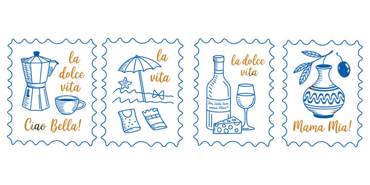Italian La Dolce Vita themed doodles with coffee beach wine and olives Keywords: italian, la dolce vita, ciao bella, mama mia