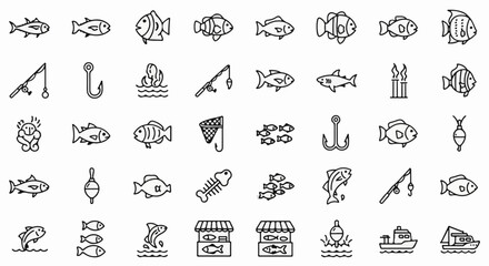 Fototapeta premium Collection of simple line art icons depicting fish and fishing activities