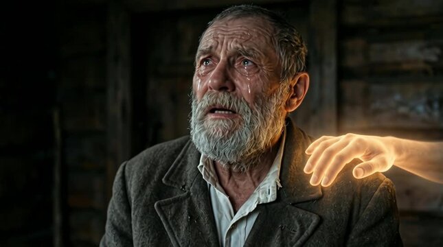 Anciano llorando consolado por mano dorada celestial y luminosa