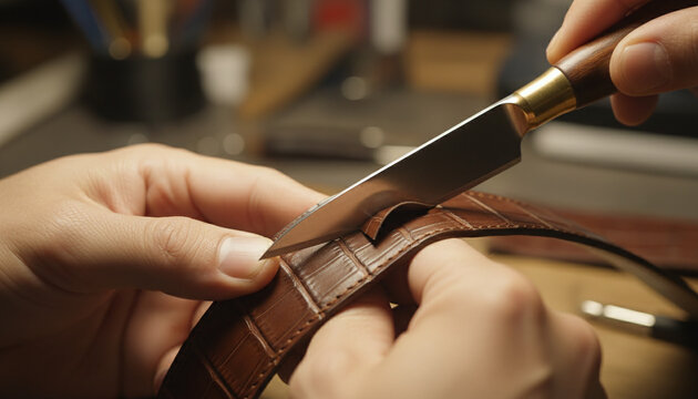 Artisan using steel skiving knife on matte brown alligator leather edge