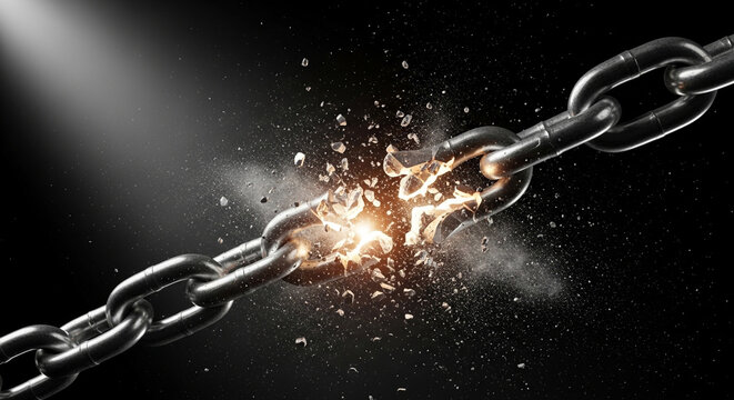 A chain breaking apart with sparks and water droplets flying around the link