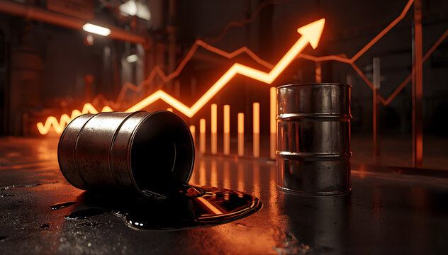 oil spill barrel with rising price chart in industrial background