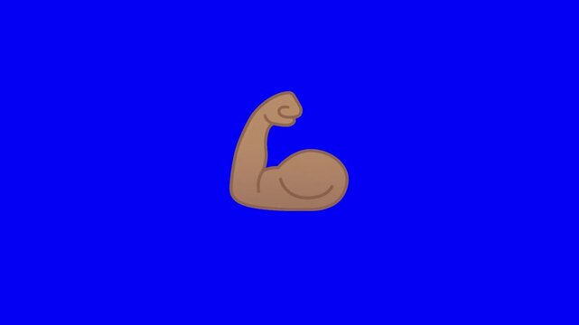 2D cartoon medium dark brown skin tone flexed bicep emoji, gentle subtle natural flexing motion, arm very smoothly tenses and releases repeatedly, solid pure chroma key blue background.