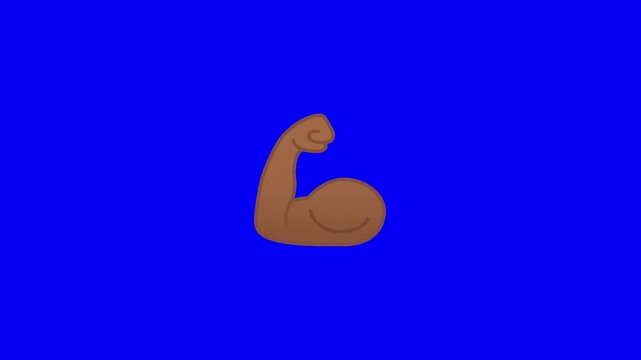 2D cartoon dark brown skin tone flexed bicep emoji, gentle subtle natural flexing motion, arm very smoothly tenses and releases, solid pure chroma key blue background, standard flat emoji style.
