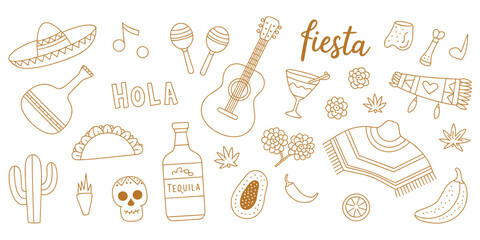 Mexican Fiesta Doodle Icons with Sombrero Guitar and Tequila maracas cactus © Rasel