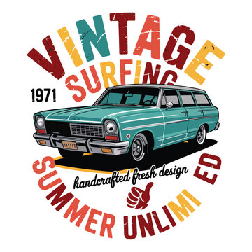 Vintage 1971 station wagon with surfing theme on white