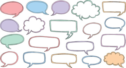 Obraz premium Colorful hand drawn speech bubbles collection doodle style chat frames comic dialog shapes vector illustration set