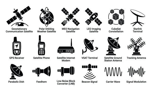 Diverse collection of satellite communication technology equipment icons and essential signal processing concepts for telecommunications, space exploration, and network infrastructure