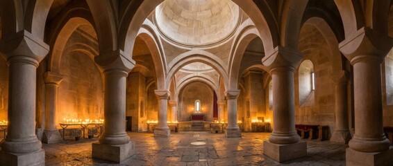 Obraz premium Interior of an Armenian church with stone arches, columns, and warm candlelight creating a serene atmosphere.