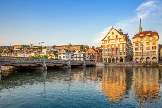 Limmatquai and Rudolf-Brun-Br�cke in Zurich at sunset in summer