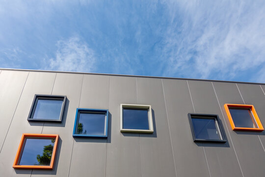 Modern office building with colorful window frames in Augsburg Germany